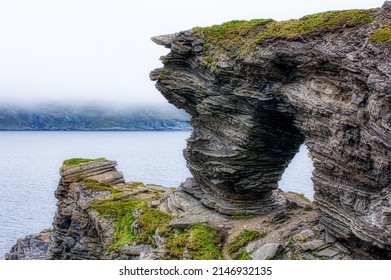 Kirkeporten Rock Formation in Skarsvag, Nordkapp Municipality, Norway