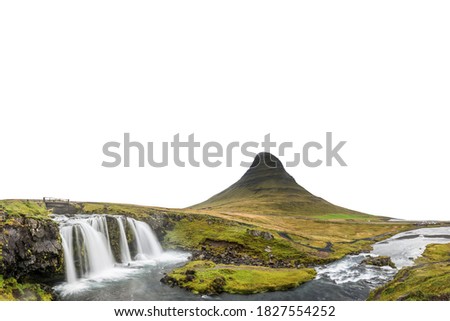 Kirkjufell (Icelandic: Church Mountain) and Kirkjufellsfoss waterfall isolated on white background. 