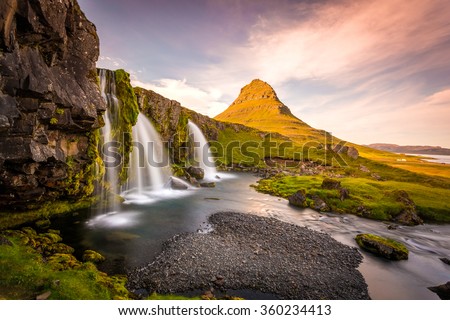 Kirkjufell Mountain, Iceland, Landscape with waterfalls, long exposure in a sunny day, Snaefellsnes peninsula