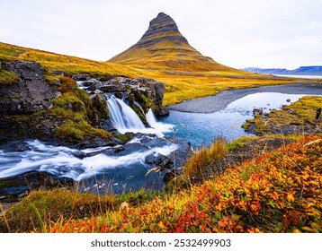 Kirkjufell mountain landscape view point with water fall in autumn season, the north coast of Iceland's Snæfellsnes peninsula, Iceland country - Powered by Shutterstock