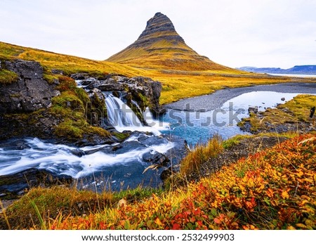 Kirkjufell mountain landscape view point with water fall in autumn season, the north coast of Iceland's Snæfellsnes peninsula, Iceland country
