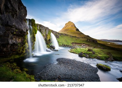 Kirkjufell Mountain in the Snaefellsnes Peninsula, waterfall and landscape in Iceland