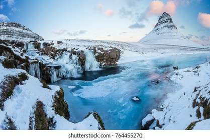 Kirkjufell waterfall with mountain in winter, Iceland, Europe.