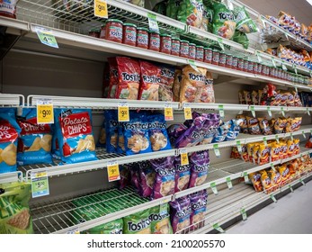 Kirkland, WA USA - Circa January 2022: Angled View Of Food Shortage In The Snack Aisle In A Safeway Grocery Store During Heavy Snow Storms Across Washington.