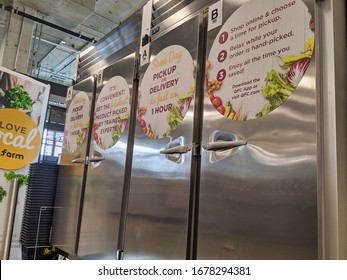 Kirkland, WA / USA - Circa March 2020: Low Angle View Of Online Order Storage Shelves Inside A QFC Grocery Store.