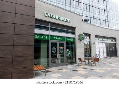 Kirkland, WA USA - circa November 2021: Angled view of an Evergreens salad and wrap eatery in the Kirkland Urban shopping area downtown.