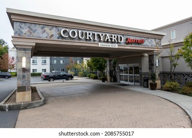 Kirkland, WA USA - circa September 2021: Street view of the entrance to the Courtyard Marriott hotel near the interstate entrance in Kirkland.