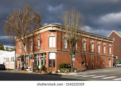 Kirkland, WA, USA - March 31, 2022; Historic Masonic Lodge Building in Kirkland Washington also known as the Campbell Building in spring light