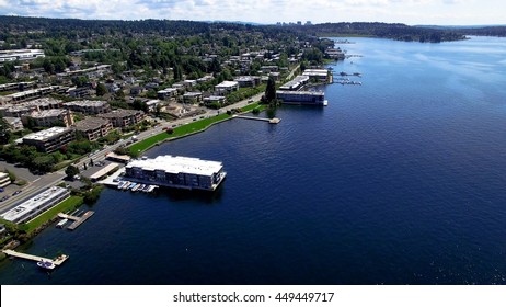 Kirkland, Washington Boat Marina, Lake Washington Shoreline Aerial Shot