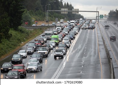 Kirkland, Washington / USA - August 6 2020: Bumper to bumper traffic on Interstate 405 (I-405), after a car accident