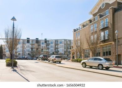 Kirkland, Washington, USA. February 2020. City streets and roads with cars on a clear day.