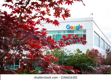 Kirkland, Washington / USA - June 29 2018: Google sign framed by red Japanese maple leaves, at the corporate office building and campus in the Seattle suburb of Kirkland 