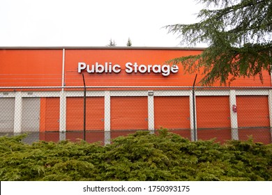 Kirkland, Washington / USA - March 13 2020: Public Storage At Sign Behind A At A Self-storage Facility, With Space For Text On Top And Bottom