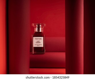 Kirov Russia 15 November 2020 Tom Ford Lost Cherry Niche Luxury Perfumery Boutique Perfume Fragnance On A Juicy Red Background.