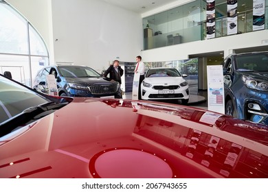 Kirov, Russia - March 07, 2019: Cars in showroom of dealership Kia in Kirov city in 2019