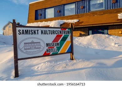 Kiruna, Sweden April 12, 2021 A Sign For The Sami Cultural Center In A Residential Neighbourhood.