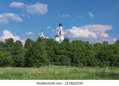 Kirzhach, Russia. Churches and Bell Tower of Annunciation Monastery. View from floodplain of Kirzhach river.