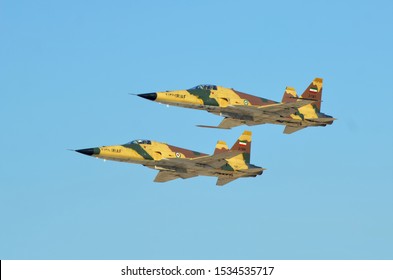 Kish/Iran - 2018: Two Iranian Air Force F-5E Saeqeh Flying In The Formation During An Air Show