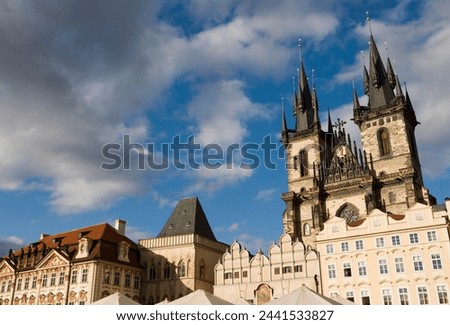 Kisky Palace and House of the Stone Bell on the Old Town Square, with the Church of Our Lady before Tyn in the background, Old Town, Prague, Czech Republic, Europe
