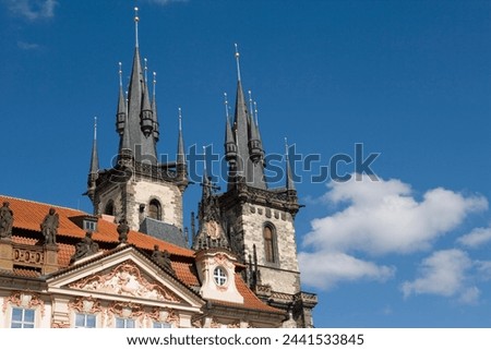Kisky Palace, Old Town Square, with the Church of Our Lady before Tyn in the background, Old Town, Prague, Czech Republic, Europe