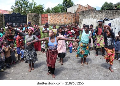 Kisoro, Uganda - June, 2022: The Batwa People In Uganda Are A Unique Tribe. These Photos Show The Local People Dancing And Singing, While Demonstrating The Local Culture.