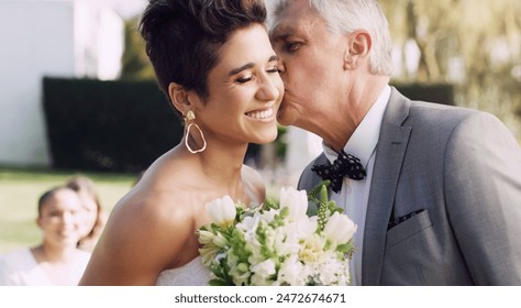Kiss, father and daughter for happy wedding, pride and support of family for ceremony, celebration and marriage . Woman, bride and senior man, tradition in nature park or bonding while together - Powered by Shutterstock - Get 15% off with code: PIKWIZARD15