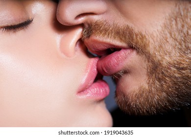 Kiss with love. Couple in love kissing. Womans and mans lips. Valentines couple day. Intimate relationship and sexual relations. Passion and sensual touch. Romantic and love