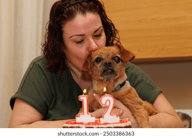 Kissing Nami the dog on her birthday, 12-year-old geriatric mixed breed dog, Alcoy, Spain - Powered by Shutterstock