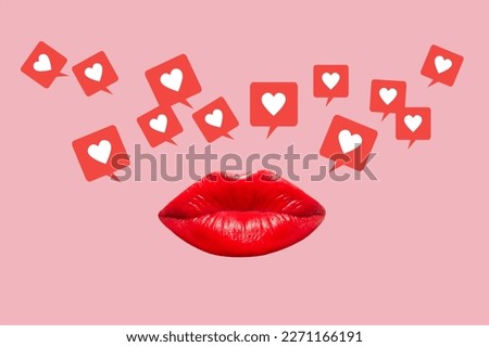 Kissing woman's red lips and like symbols from social networks isolated on pink color background. 3d trendy collage in magazine style. Contemporary art. Modern design