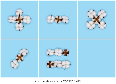 Kit of basic math signs made of cotton flowers and isolated on solid blue background. Floral alphabet and numbers concept. Part of the set of cotton font easy to stacking. - Shutterstock ID 2143112781