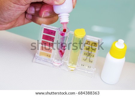 Kit of Ph chlorine and bromide test. Close-up on the test zone for pH