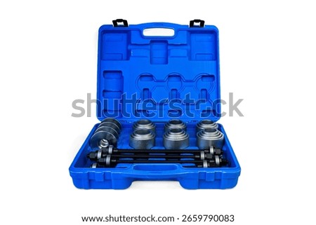 A kit for replacing and installing, pressing, removing, and installing silent blocks, bushings, and bearings isolated on white background.