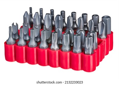 Kit of steel torx, pozidrive or hex screw drive bits in red box isolated on white background. Closeup of different replaceable star screwdrivers in plastic holder. Metal bolting tool set varied sizes.