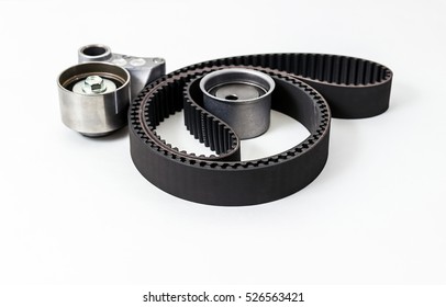 Kit of timing belt with rollers on a white background isolated. Auto Parts. Spare parts for the repair of cars.