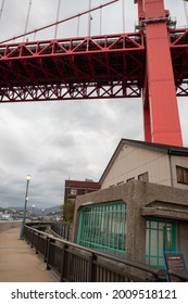 Kitakyushu , Japan April 2 2021 : Wakato Ohashi, a unique red bridge in Kitakyushu	