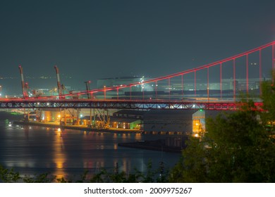 Kitakyushu , Japan April 2 2021 :Wakato Ohashi, a unique red bridge in Kitakyushu	