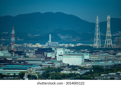 Kitakyushu , Japan April 2 2021 :Scenery of the Dokai Bay factories in the Kitakyushu industrial area of ​​Kitakyushu City, Fukuoka Prefecture