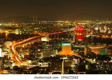 Kitakyushu , Japan August 21 2019 : Wakato Ohashi, a unique red bridge in Kitakyushu