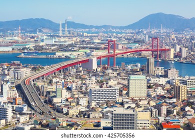KITAKYUSHU, JAPAN - FEB 10: View of Kitakyushu City with Wakato Bridge on Feb 10, 2016 in Kitakyushu, Japan. With 960,000 inhabitants Kitakyushu is the second largest city in Kyushu.