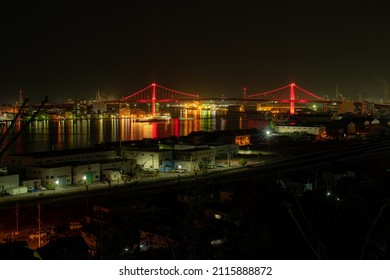 Kitakyushu, Japan January 2 2019:Wakato Ohashi, a unique red bridge in Kitakyushu