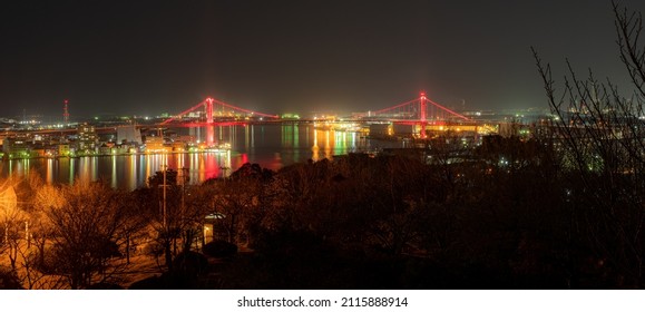 Kitakyushu, Japan January 2 2019:Wakato Ohashi, a unique red bridge in Kitakyushu