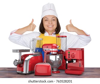 Kitchen Appliances Set. Beautiful Young Woman Chef Show Thumbs Up near Red Blender, Toaster, Coffee Machine, Meat Ginder, Food Mixer and  Coffee Grinder on a white background. 3d Rendering