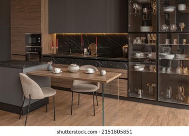 Kitchen Area In A Chic Expensive Interior Of A Luxury Home With A Dark Black And Brown Modern Design With Wood Trim And Led Light