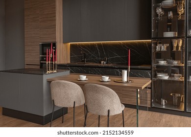 Kitchen Area In A Chic Expensive Interior Of A Luxury Home With A Dark Black And Brown Modern Design With Wood Trim And Led Light