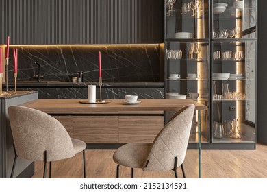 Kitchen Area In A Chic Expensive Interior Of A Luxury Home With A Dark Black And Brown Modern Design With Wood Trim And Led Light