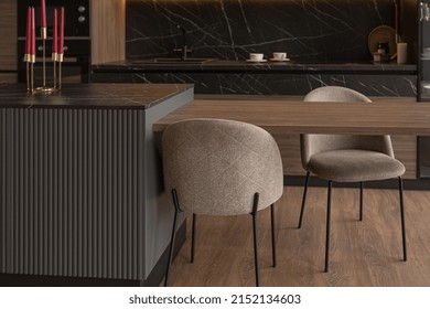 Kitchen Area In A Chic Expensive Interior Of A Luxury Home With A Dark Black And Brown Modern Design With Wood Trim And Led Light