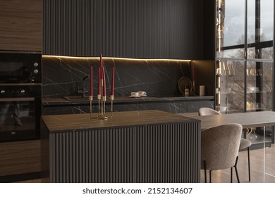 Kitchen Area In A Chic Expensive Interior Of A Luxury Home With A Dark Black And Brown Modern Design With Wood Trim And Led Light