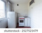 Kitchen in bad condition in an abandoned building. Abandoned house interior. Dirty Room. Old Soviet Russian Poor Interior.