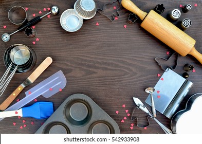 Kitchen Bakery Tools, Utensils On Wooden Table, With Copy Space, Selective