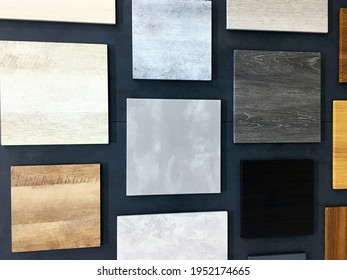 Kitchen Bathroom Tiles Showroom Display Of New Tiling Option For Floors And Walls For Home Building Improvement Works. Assortment Of Flooring Samples In Shop. Floor Laminate